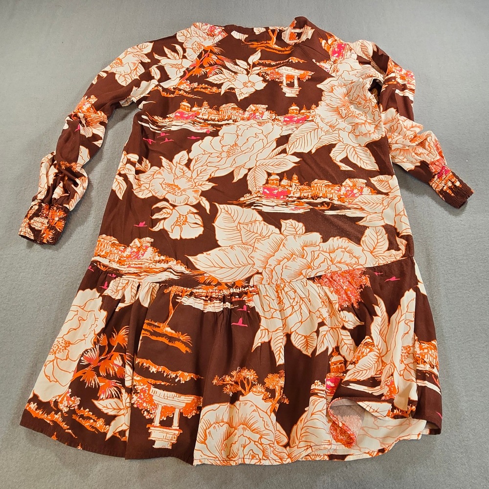 Maaji Mini Dress Women S Brown Orange Tropical Floral Scenic Long Sleeve Boho - Picture 5 of 8